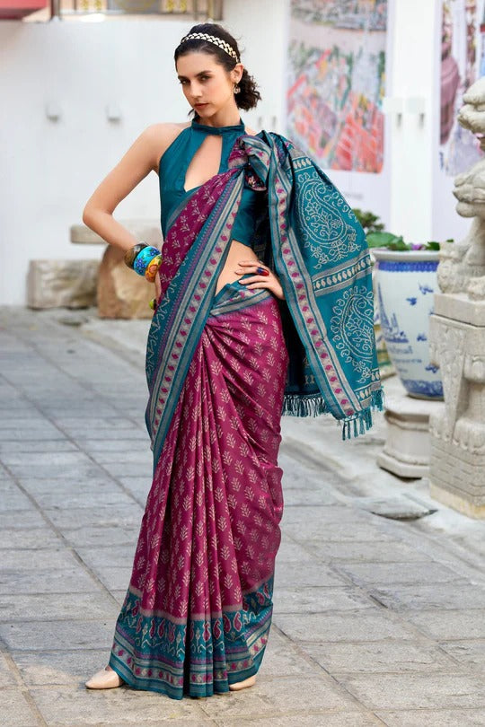 Jamun Purple Soft Woven Banarasi Ikkat Silk Saree