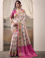 Snowy White and Pink Patola Silk Saree With Weaving Border