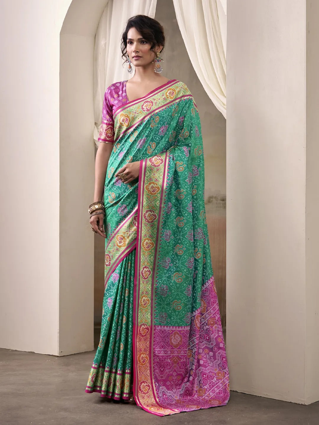 Rama Green Patola Silk Saree With Weaving Border