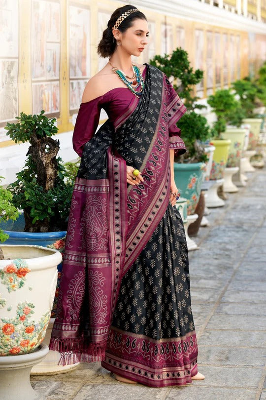 Raven Black Soft Woven Banarasi Ikkat Silk Saree
