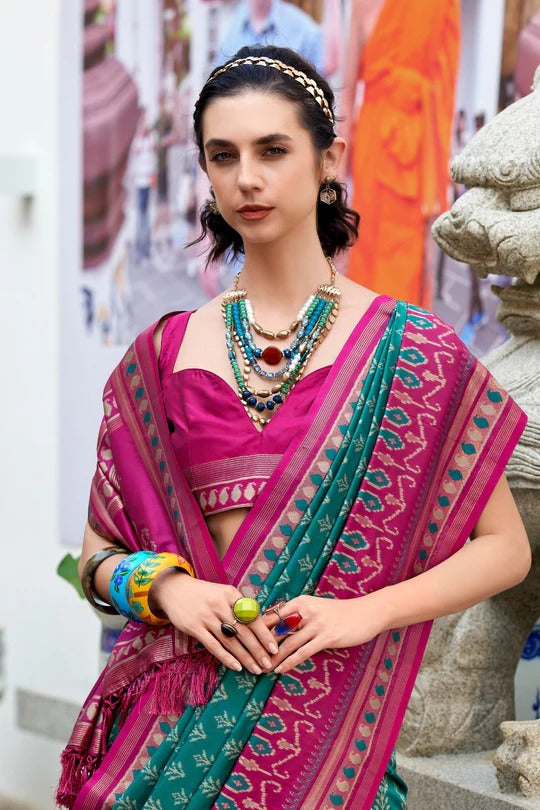 Greenish Cyan Soft Woven Banarasi Ikkat Silk Saree