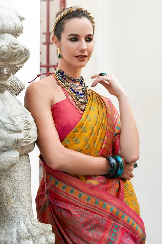 Minion Yellow Soft Woven Banarasi Ikkat Silk Saree