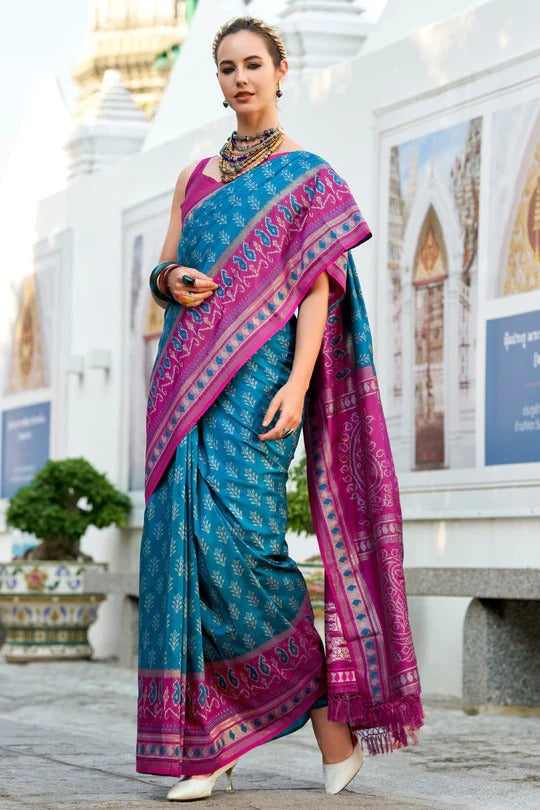 Bahama Blue Soft Woven Banarasi Ikkat Silk Saree