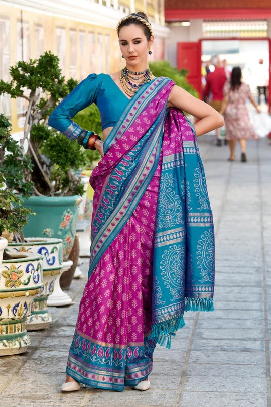 Columbine Purple Soft Woven Banarasi Ikkat Silk Saree
