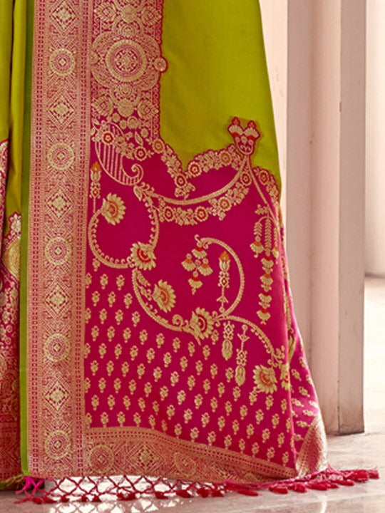 Straw Green Shade Silk Woven Zari Work Broad Border Saree
