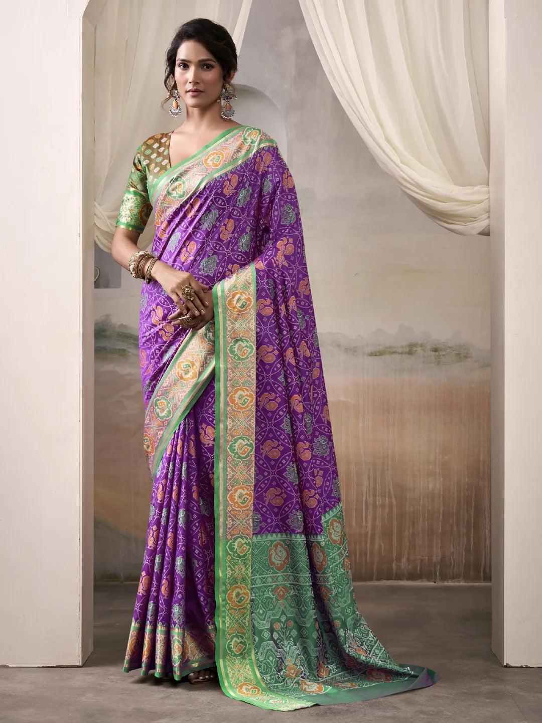 Tyrian Purple Patola Silk Saree With Weaving Border