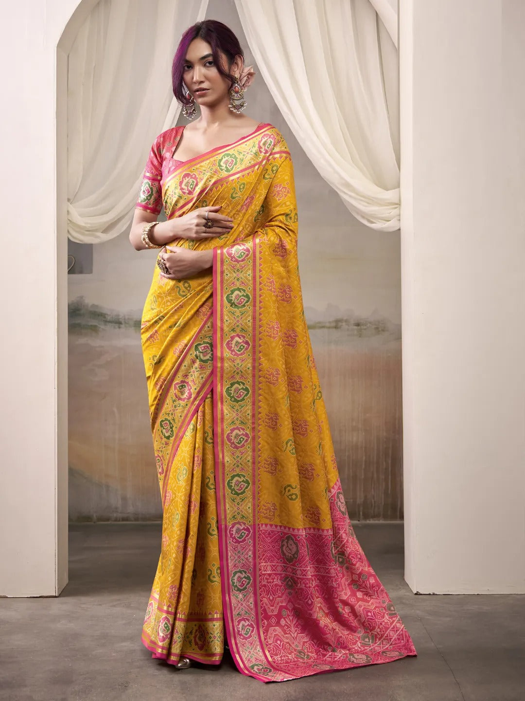 Tulip Yellow Patola Silk Saree With Weaving Border