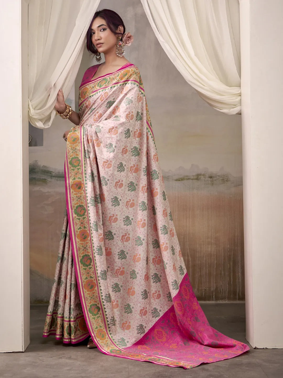 Snowy White and Pink Patola Silk Saree With Weaving Border