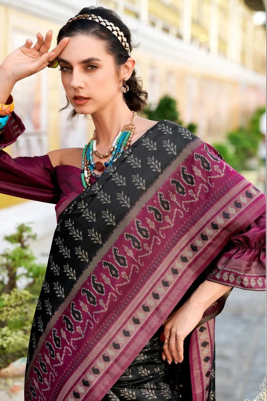 Raven Black Soft Woven Banarasi Ikkat Silk Saree