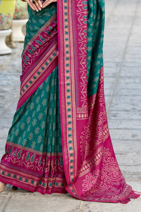 Greenish Cyan Soft Woven Banarasi Ikkat Silk Saree