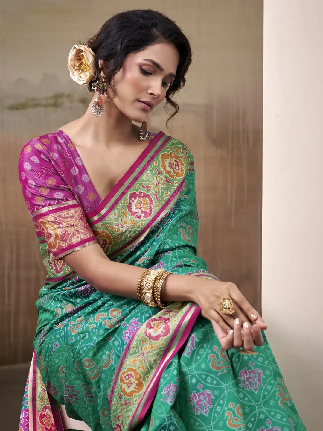 Rama Green Patola Silk Saree With Weaving Border