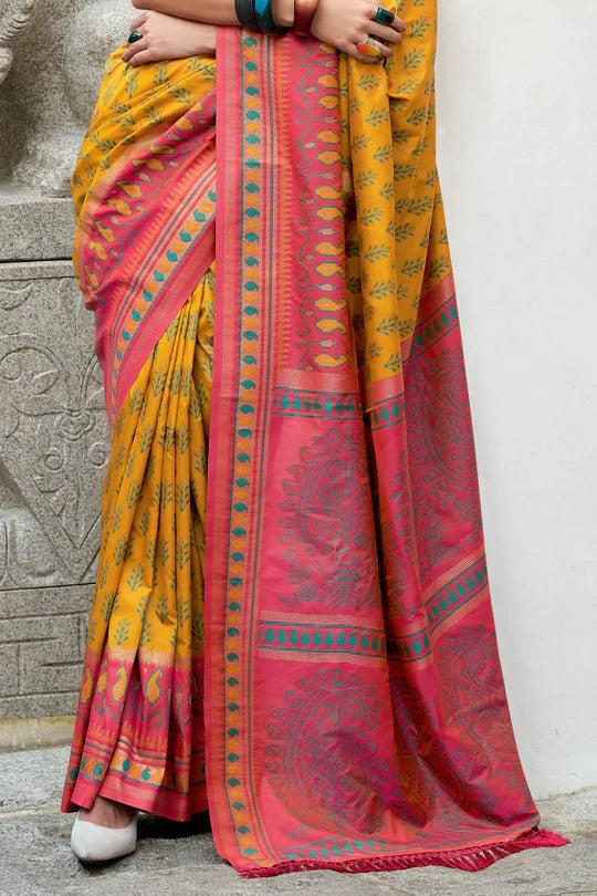 Minion Yellow Soft Woven Banarasi Ikkat Silk Saree