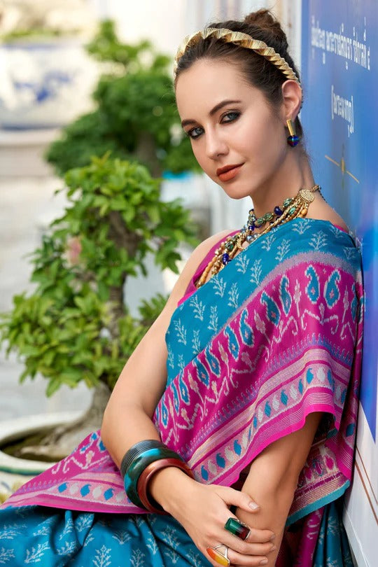 Bahama Blue Soft Woven Banarasi Ikkat Silk Saree