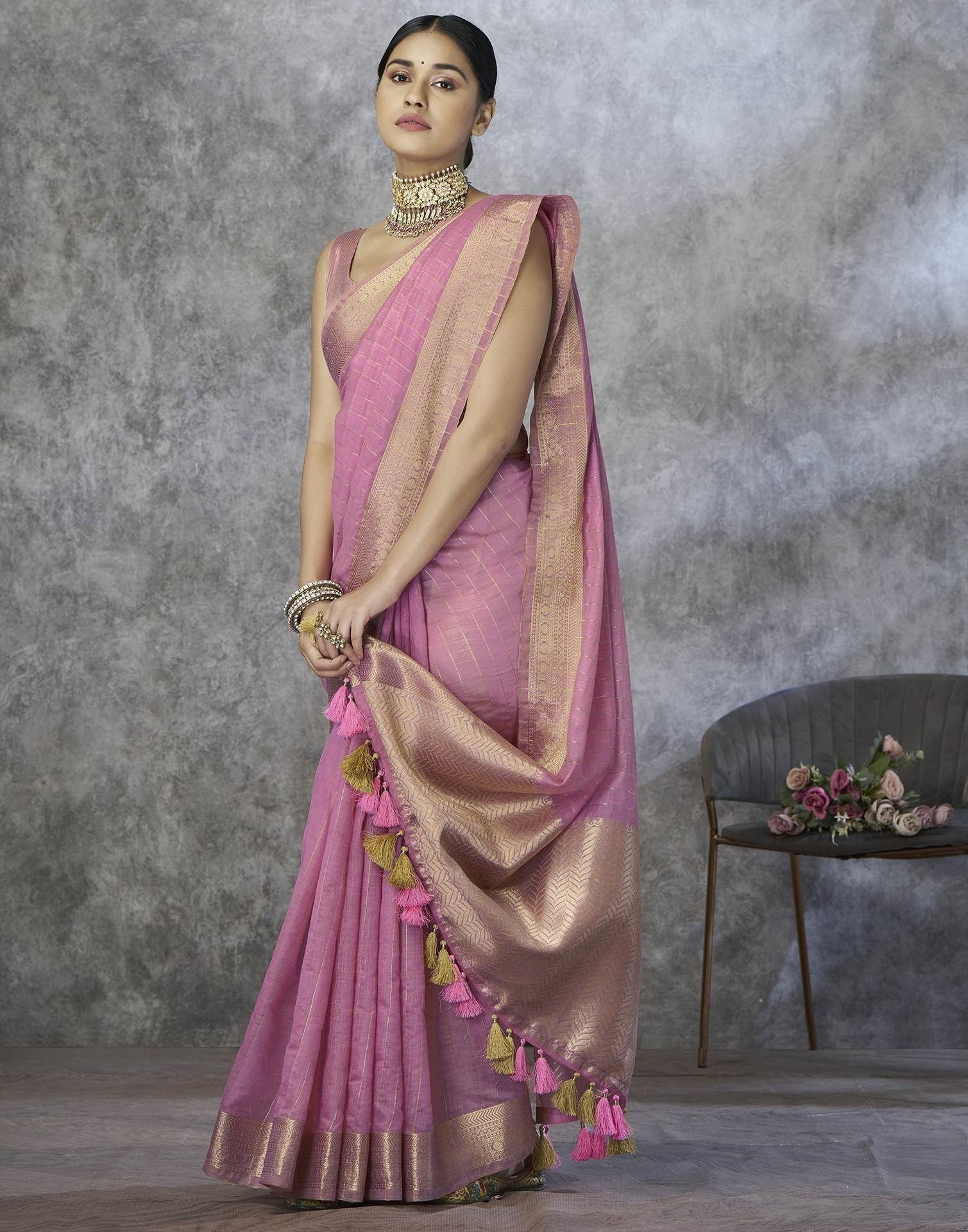 Light Pink Handloom Woven Linen Soft Silk Saree