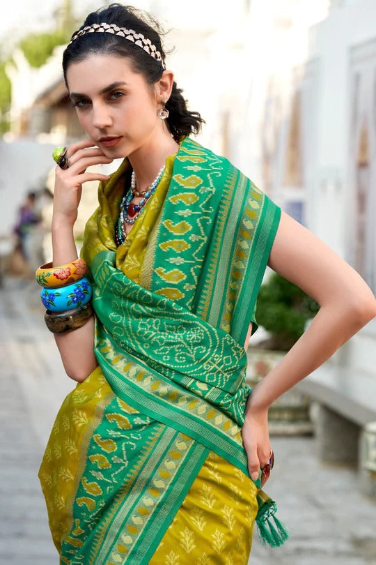 Lemon Yellow Soft Woven Banarasi Ikkat Silk Saree