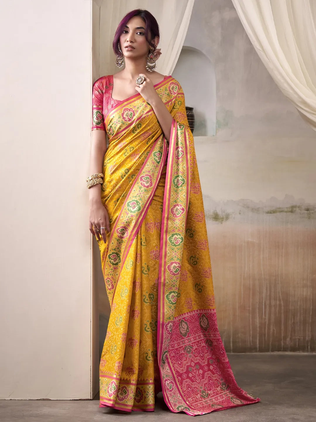 Tulip Yellow Patola Silk Saree With Weaving Border