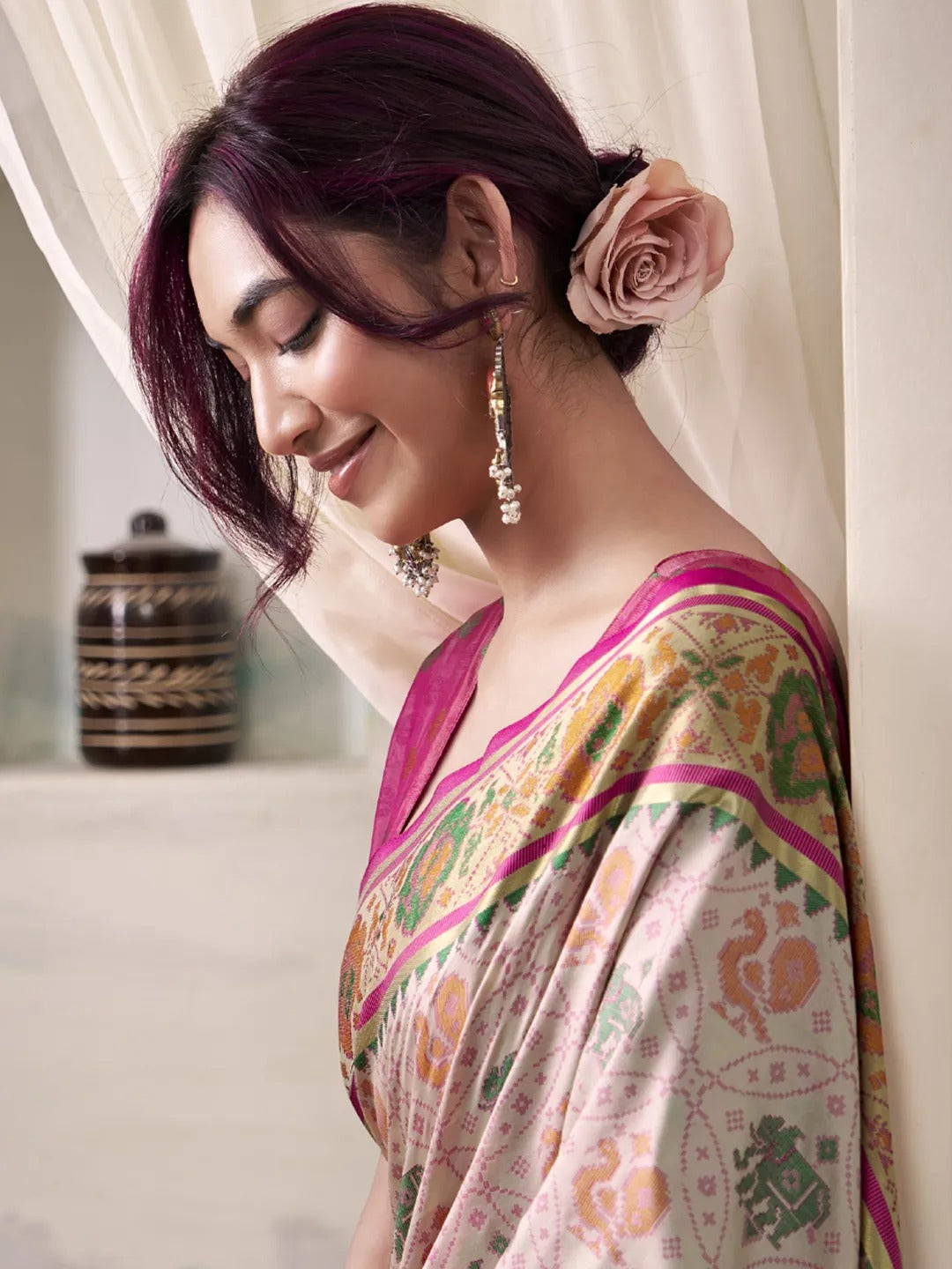 Snowy White and Pink Patola Silk Saree With Weaving Border
