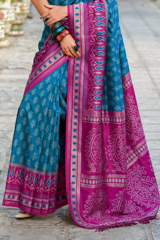Bahama Blue Soft Woven Banarasi Ikkat Silk Saree