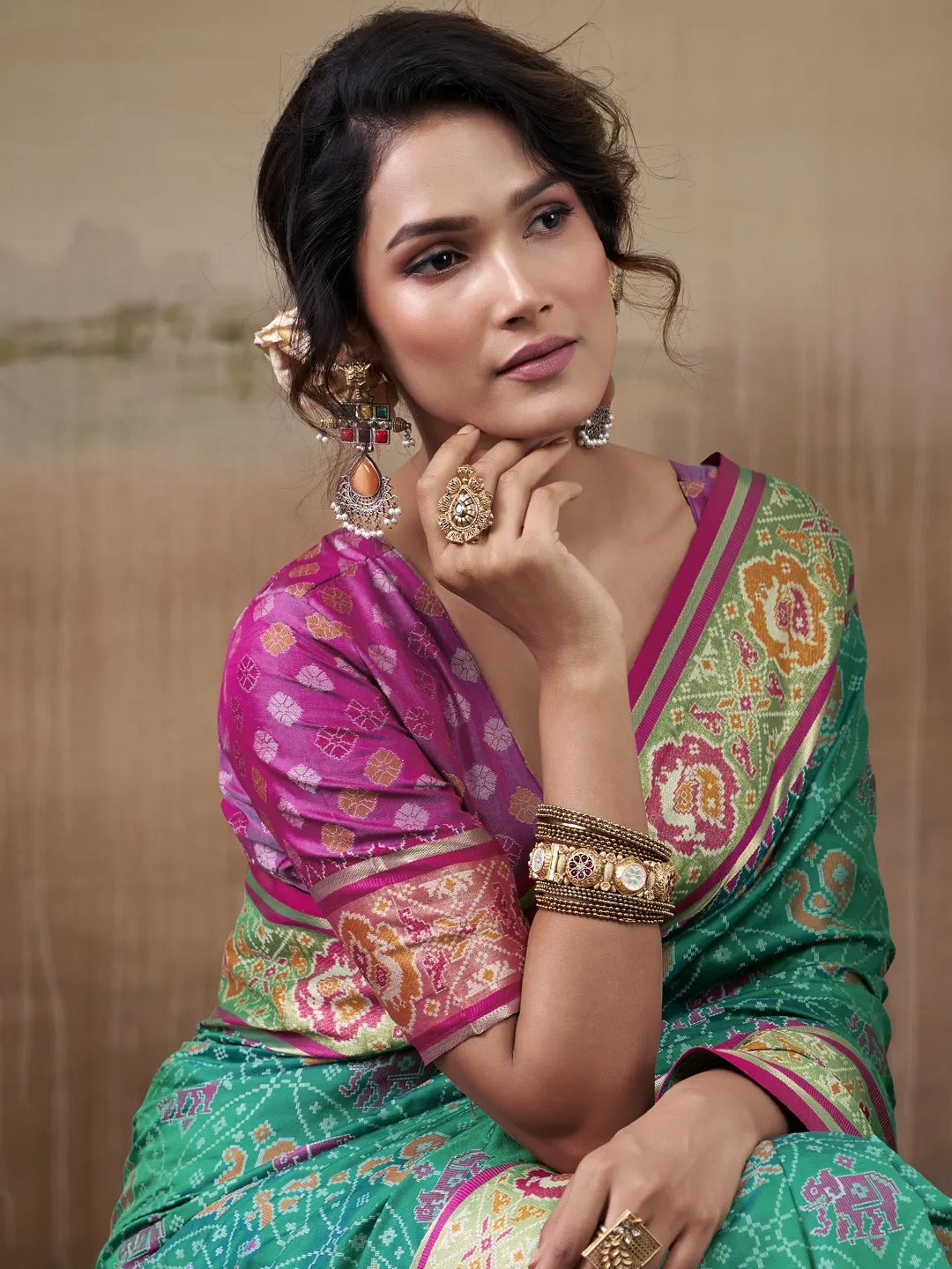 Rama Green Patola Silk Saree With Weaving Border