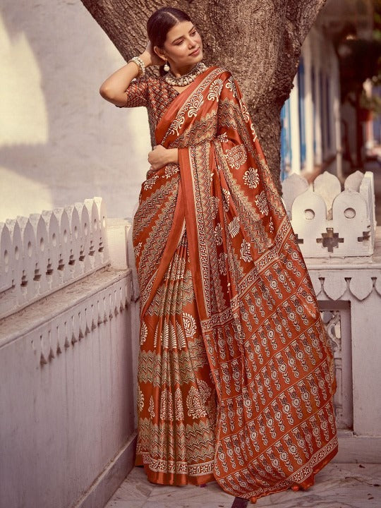 Orange New Ajrakh Printed Satin Crepe Saree