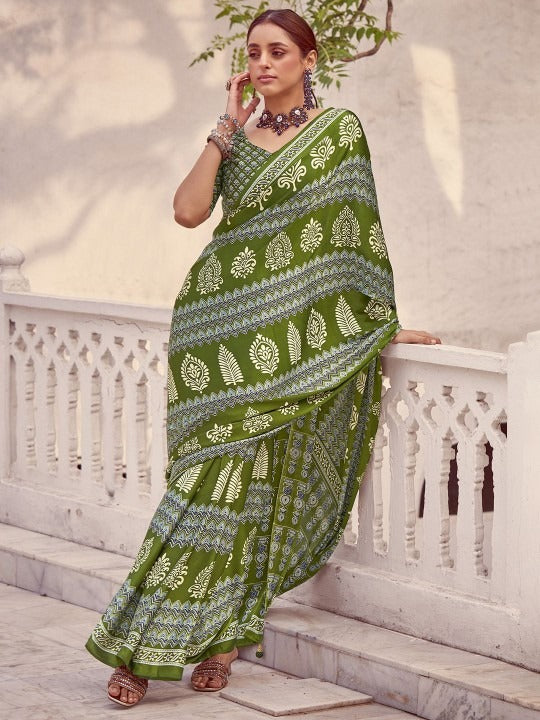 Green New Ajrakh Printed Satin Crepe Saree