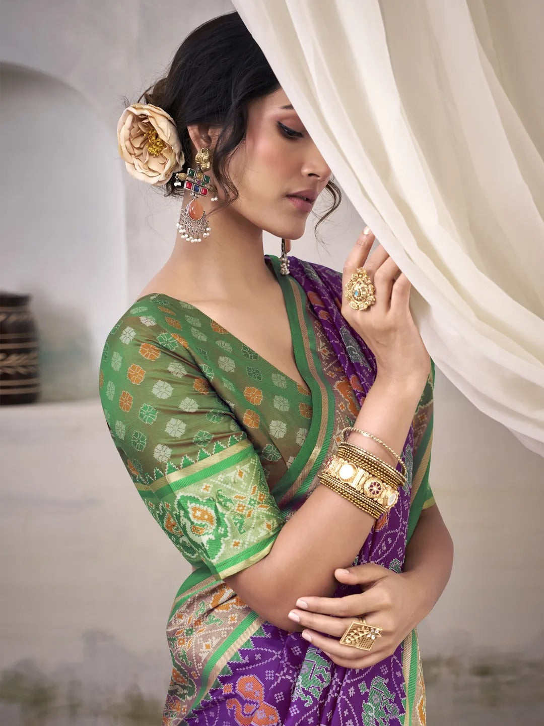 Tyrian Purple Patola Silk Saree With Weaving Border
