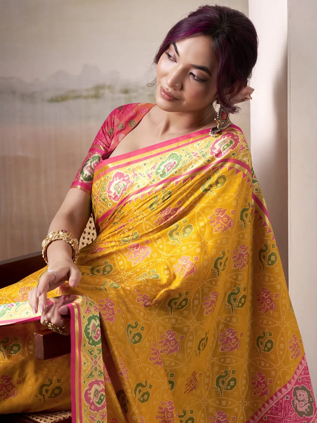 Tulip Yellow Patola Silk Saree With Weaving Border