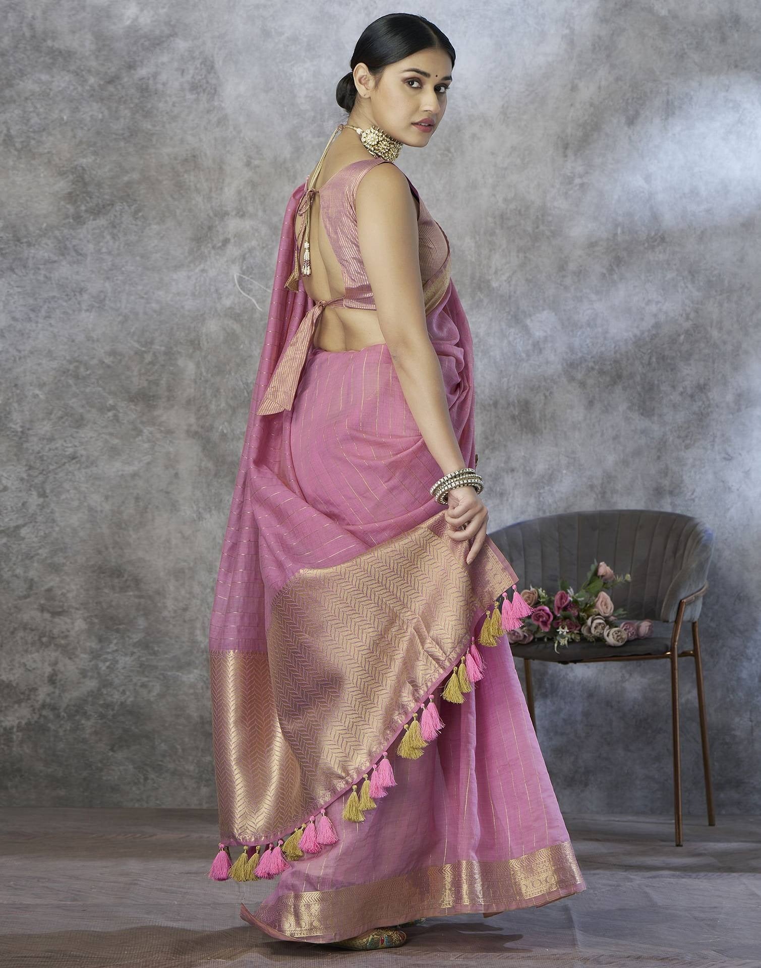 Light Pink Handloom Woven Linen Soft Silk Saree