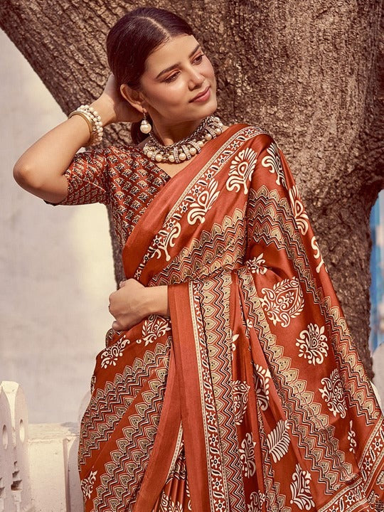 Orange New Ajrakh Printed Satin Crepe Saree