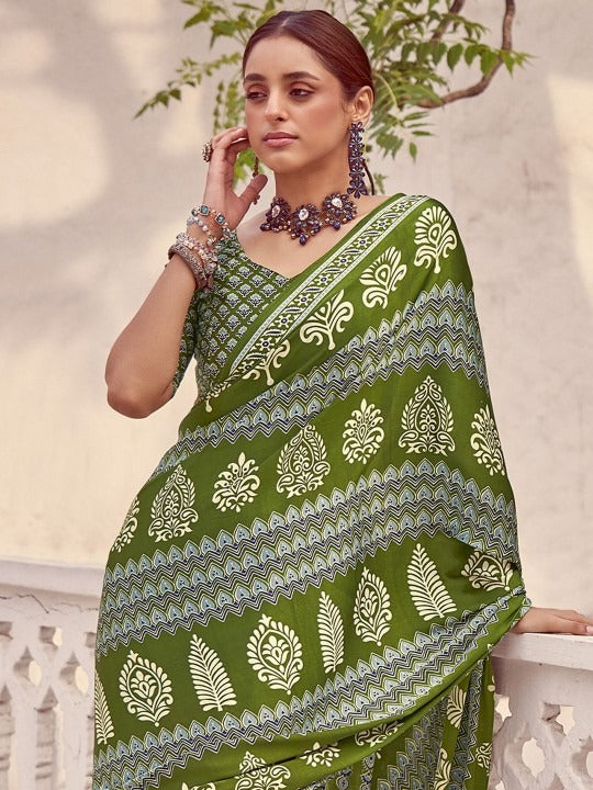 Green New Ajrakh Printed Satin Crepe Saree
