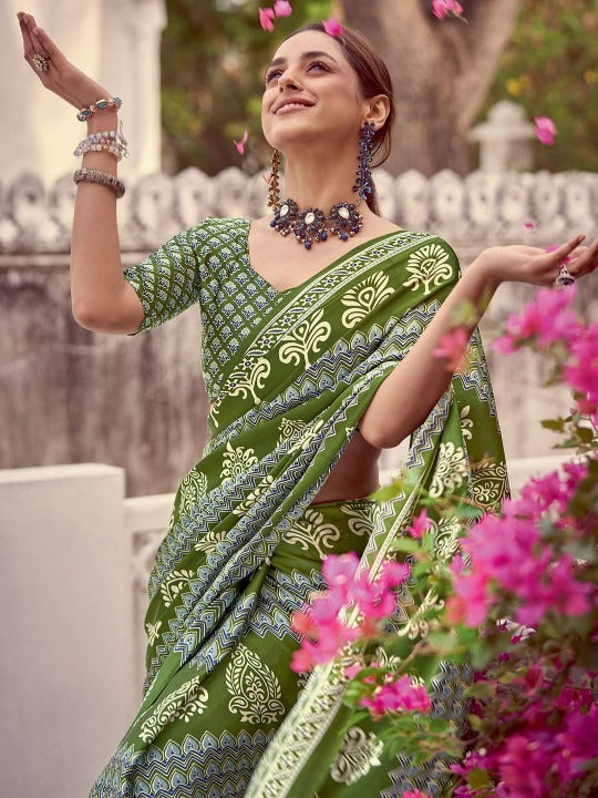 Green New Ajrakh Printed Satin Crepe Saree