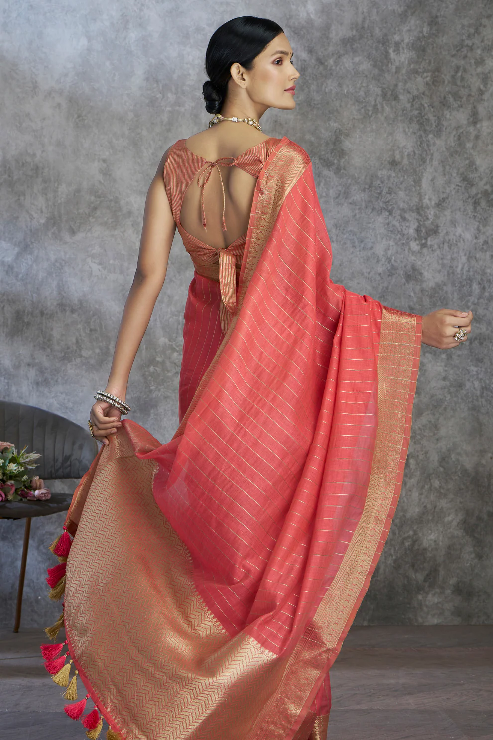 Rose Red Handloom Woven Linen Soft Silk Saree