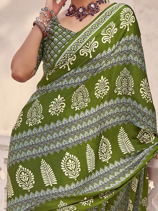 Green New Ajrakh Printed Satin Crepe Saree