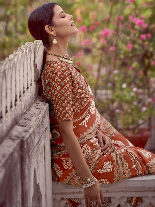 Orange New Ajrakh Printed Satin Crepe Saree