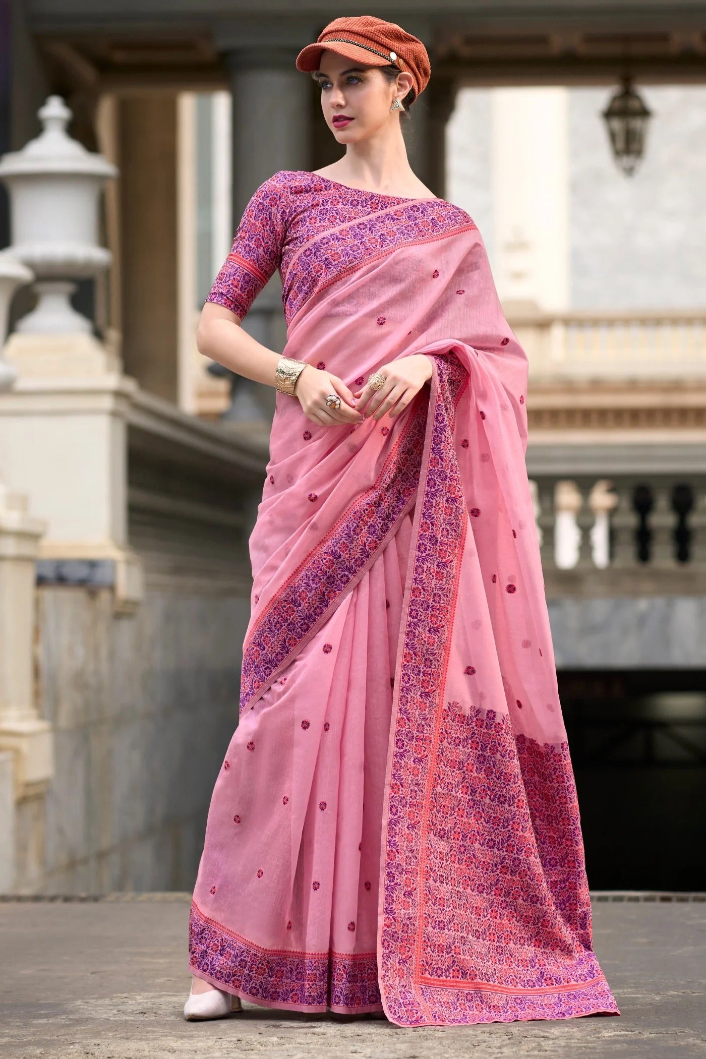 Hot Pink Handloom Linen Cotton Saree Designer Blouse
