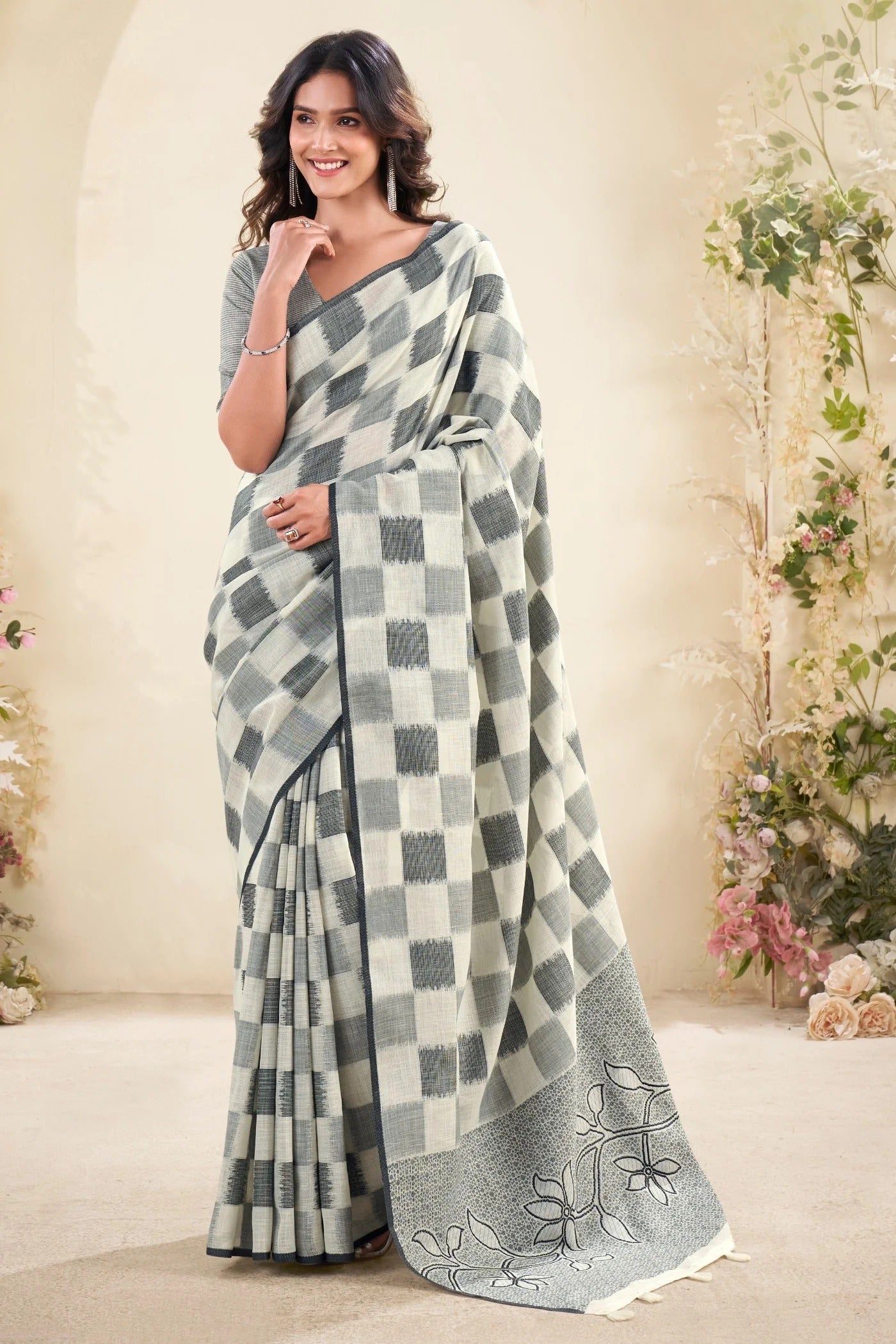 Bone White and Grey Woven Linen Soft Saree