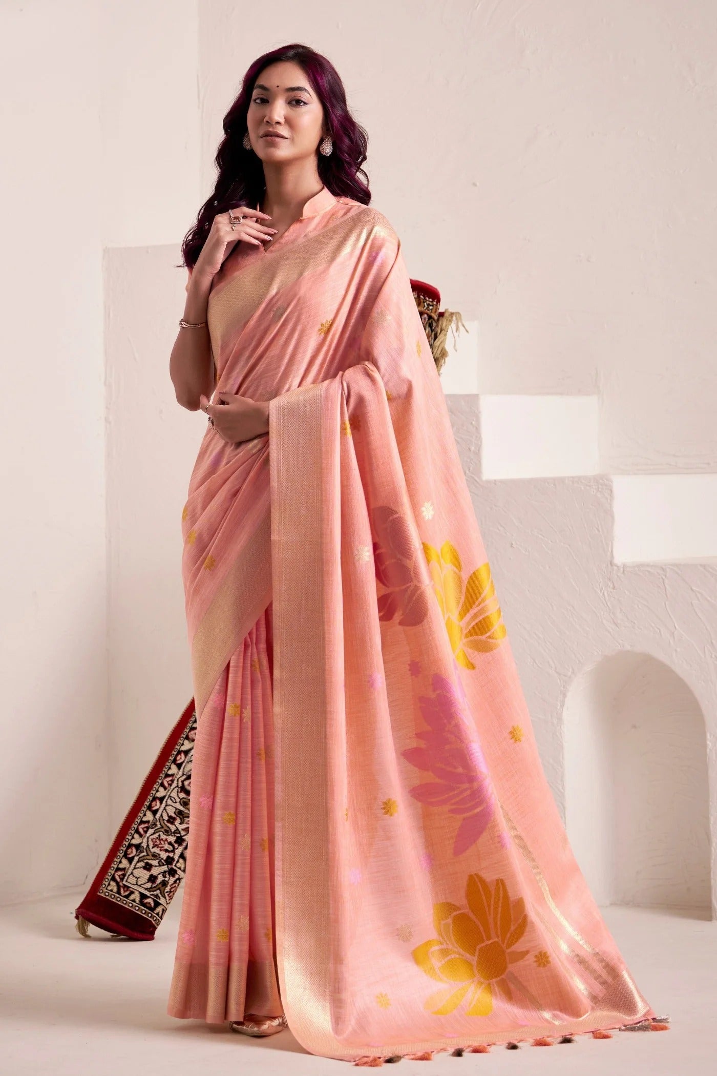 Melon Peach Woven Linen Soft Silk Saree