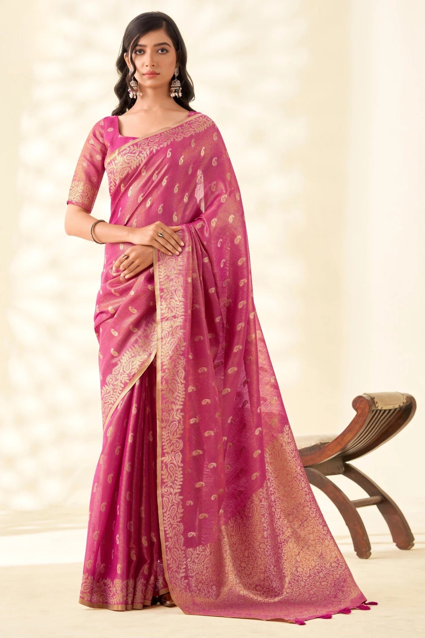 Rose Pink Woven Tissue Linen Saree With Blouse