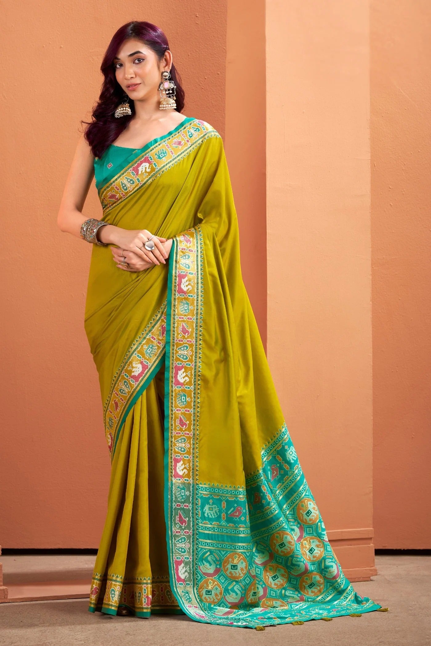 Pear Parrot Woven Banarasi Patola Soft Silk Saree