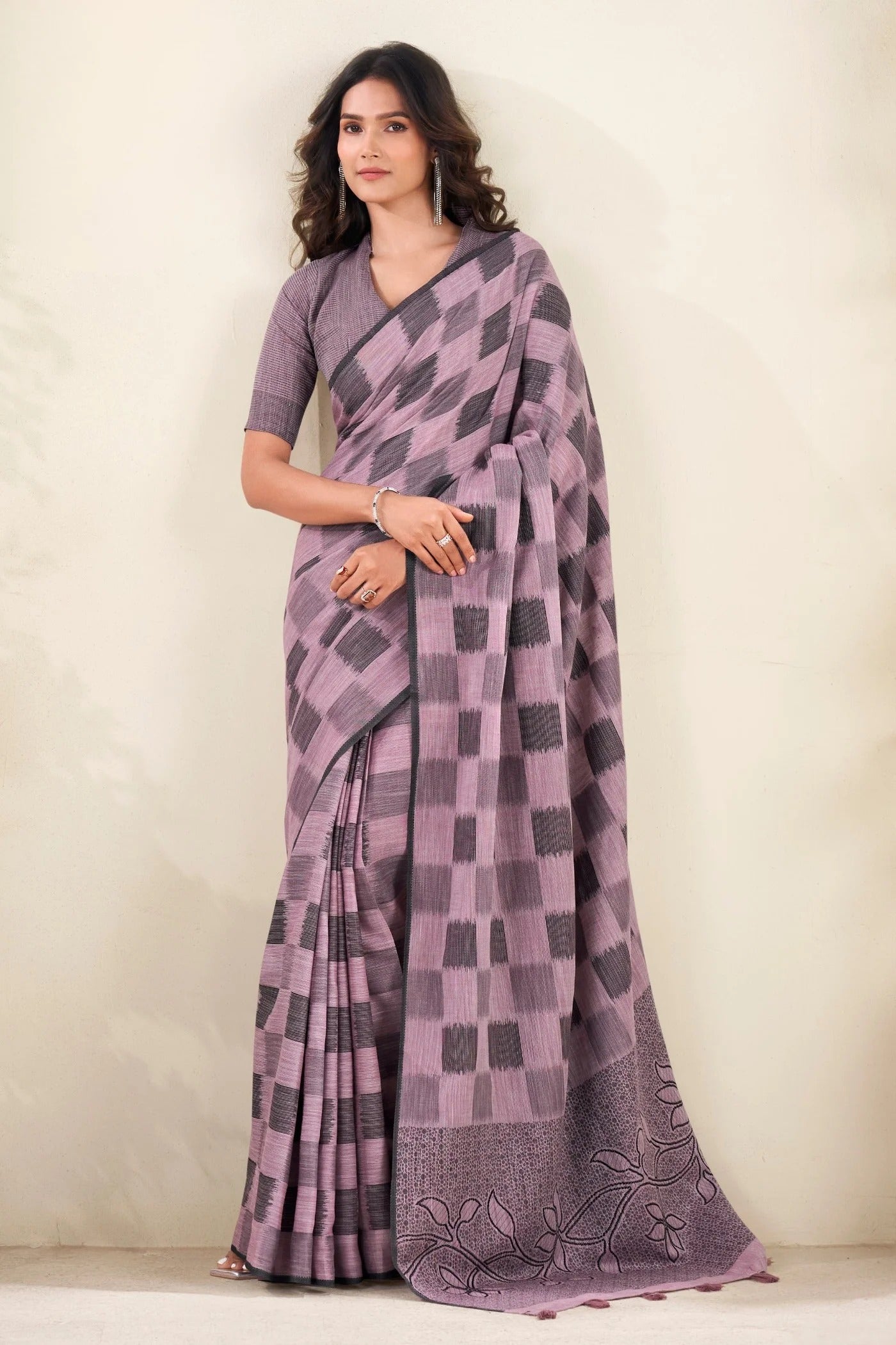 Lilac Pink Woven Linen Soft Saree