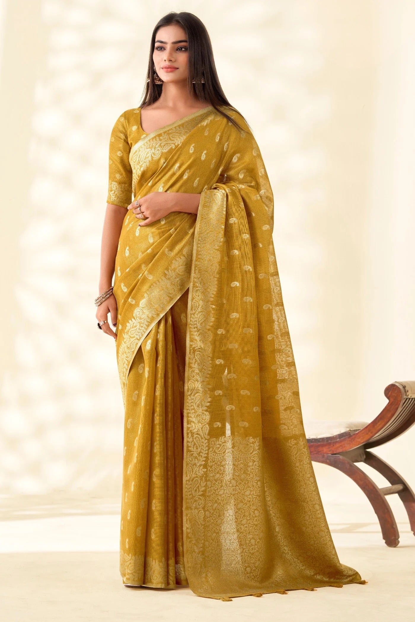 Mustard Yellow Woven Tissue Linen Saree With Blouse