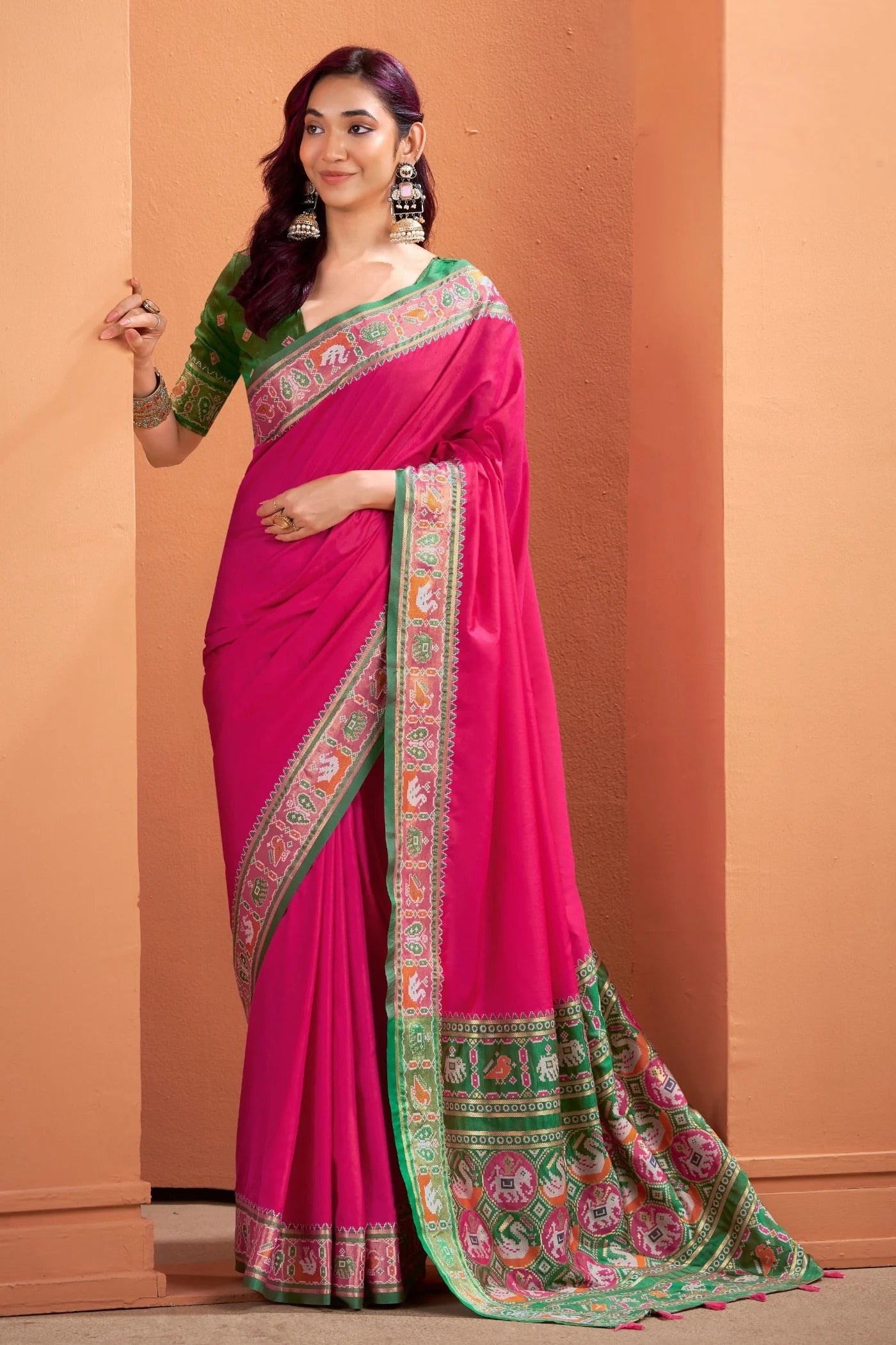 Rani Pink Woven Banarasi Patola Soft Silk Saree