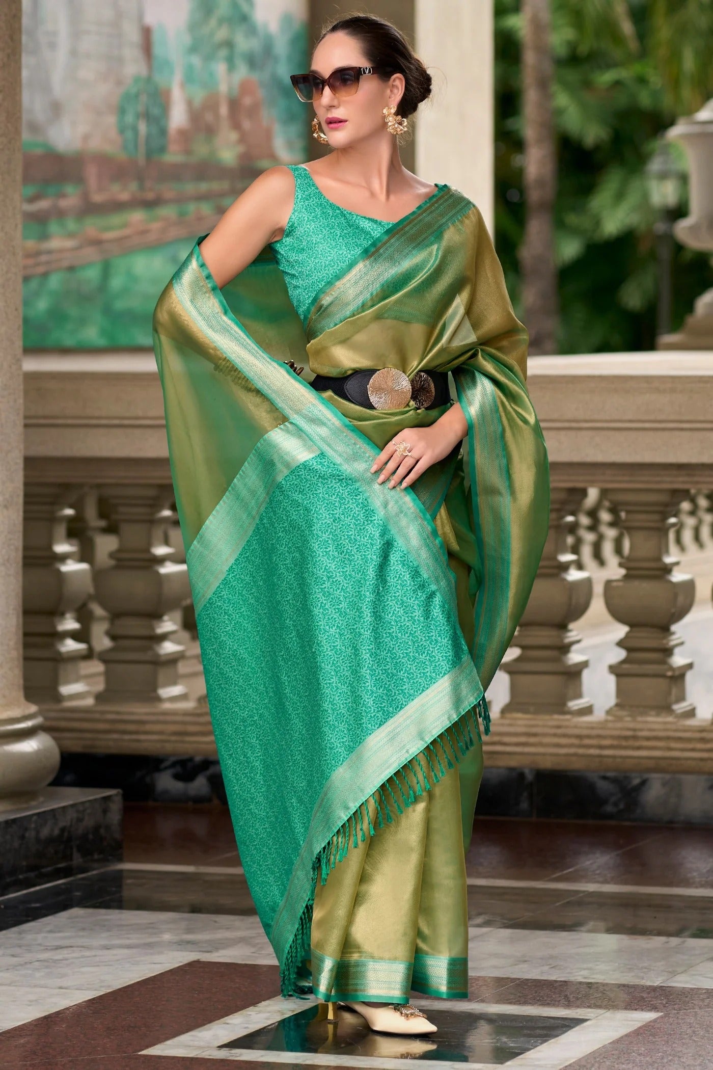 Killarney Firozi Handloom Tissue Soft Saree