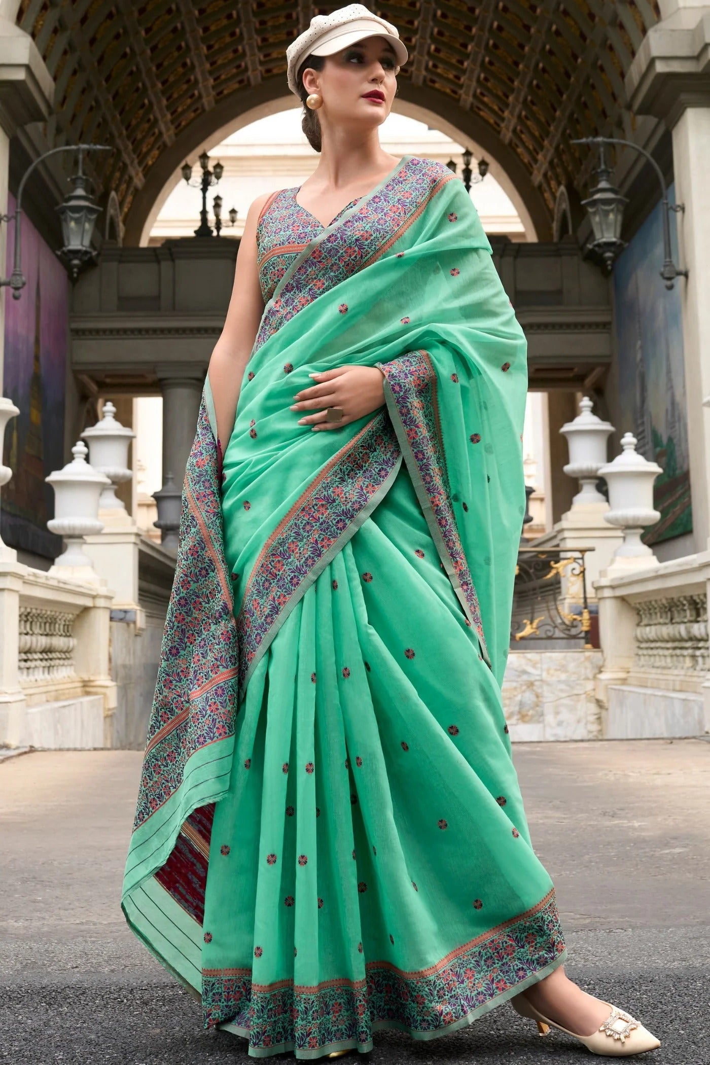 Warm Green Handloom Linen Cotton Saree Designer Blouse
