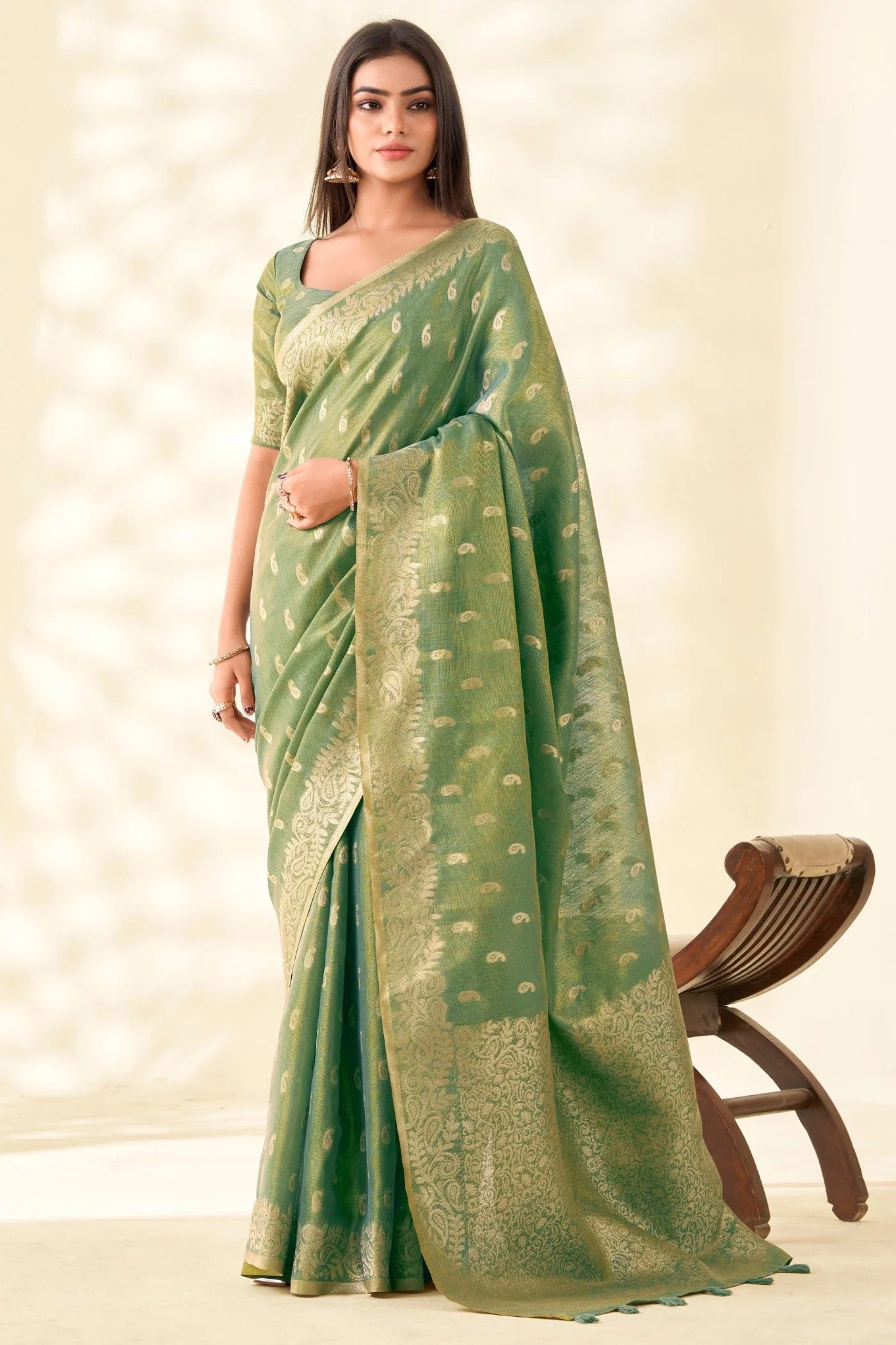 Fern Green Woven Tissue Linen Saree With Blouse