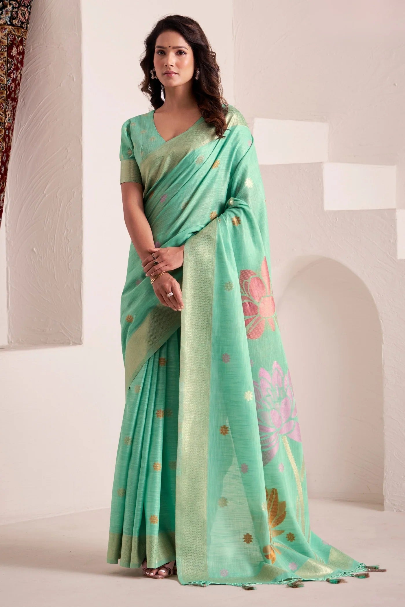 Pista Woven Linen Soft Silk Saree