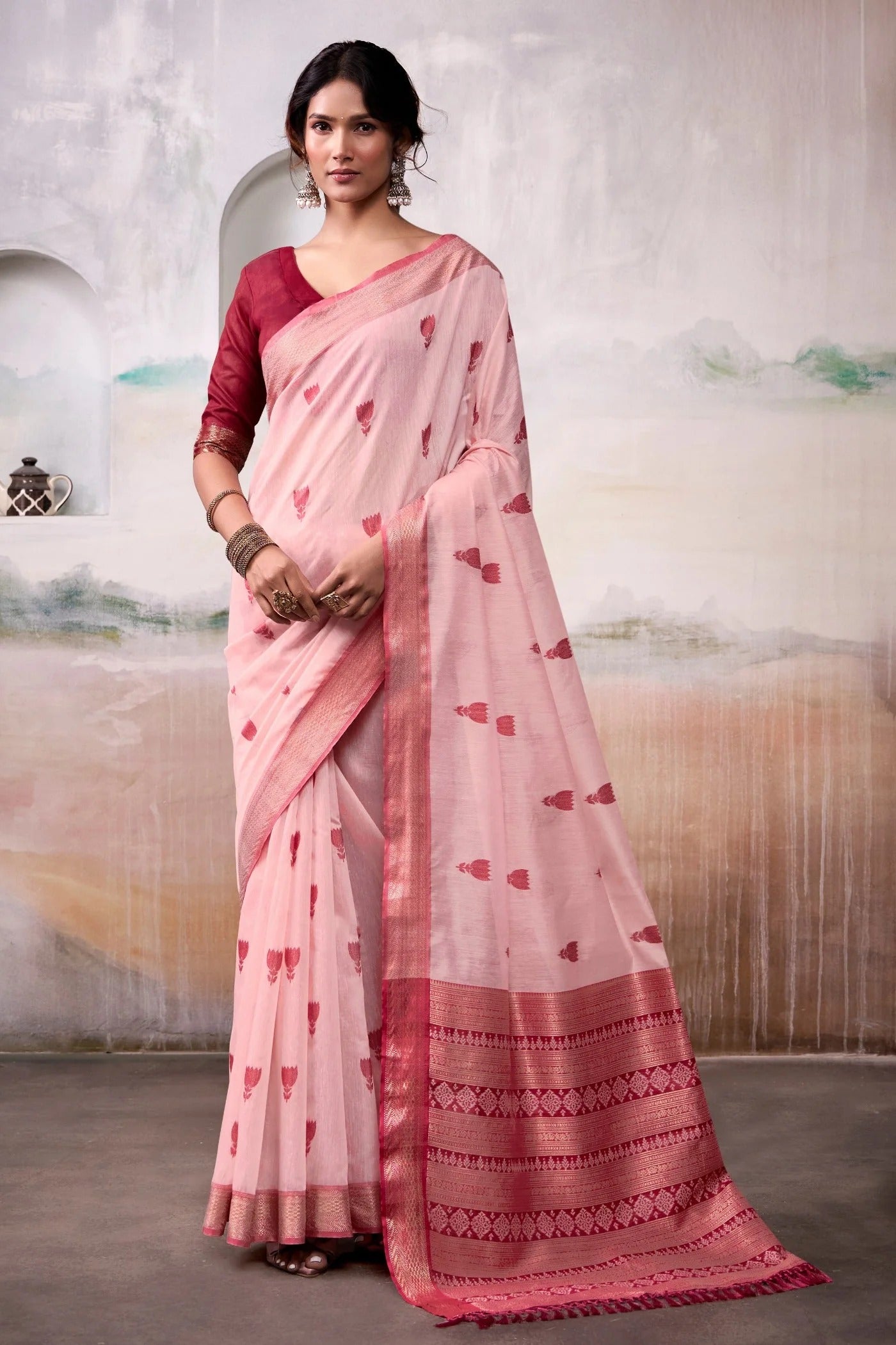 Fire Red Woven Design Zari Pure Cotton Saree With Blouse
