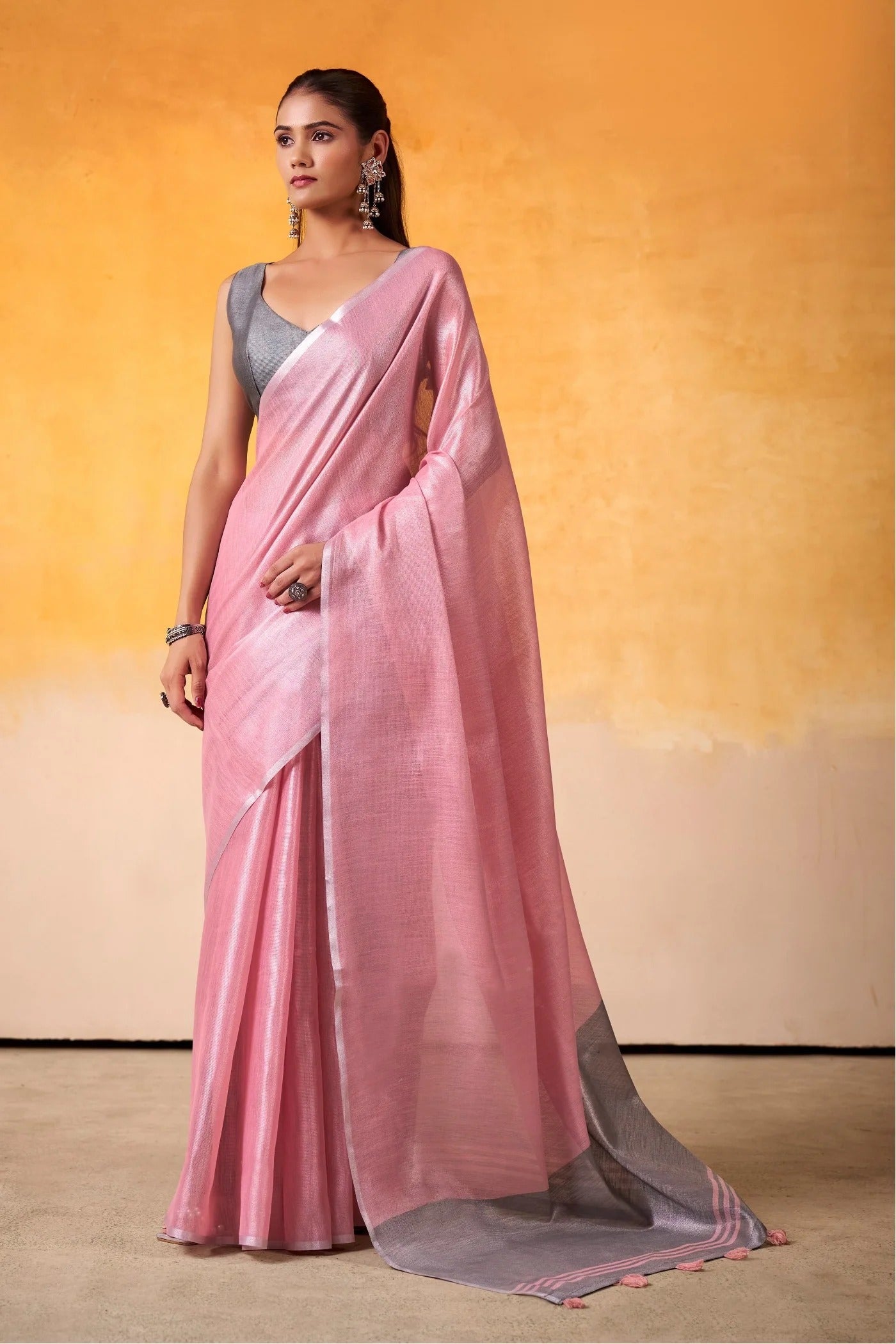 Coral Pink Woven Tissue Soft Silk Saree With Blouse