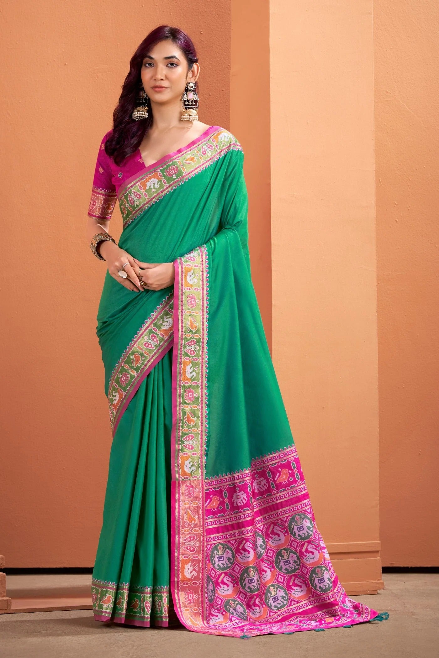 Forrest Green Woven Banarasi Patola Soft Silk Saree