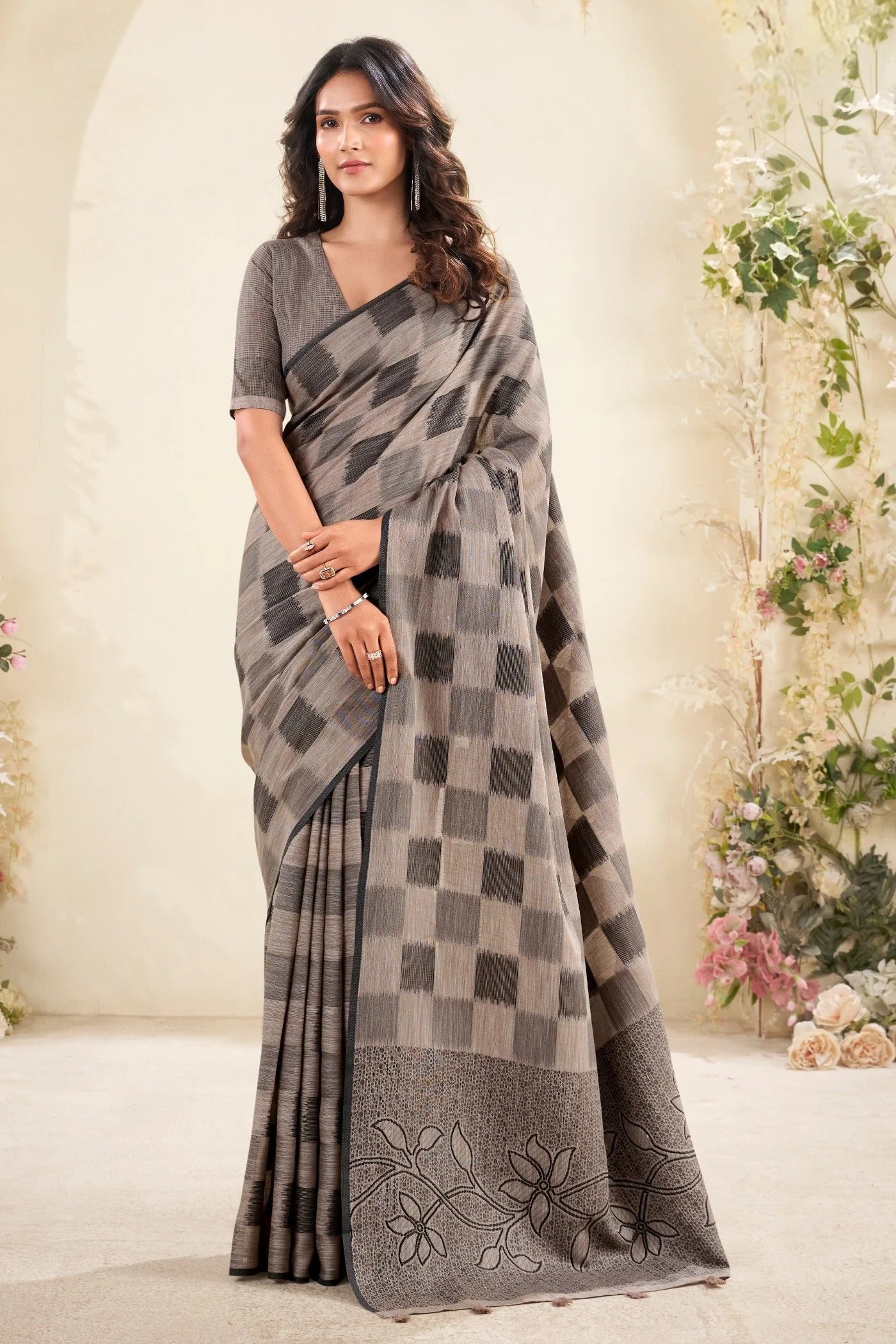 Burn Wood Brown Woven Linen Soft Saree